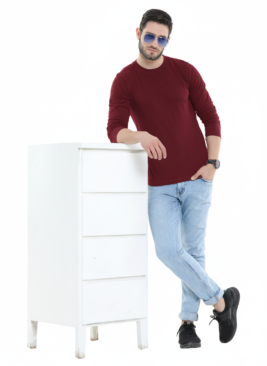 Men’s Cotton Rich Long Sleeve Round Neck T-Shirt - Red Wine