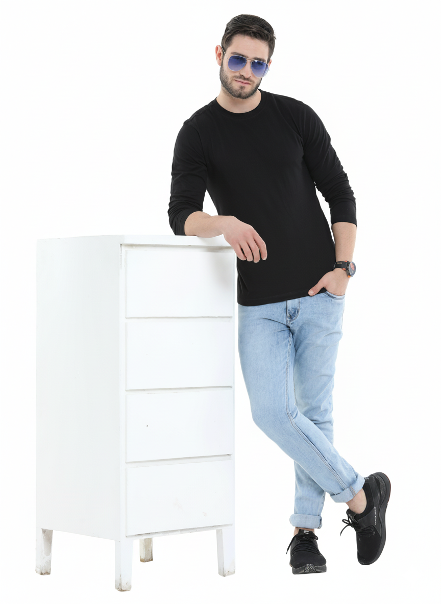 Men’s Cotton Rich Long Sleeve Round Neck T-Shirt - Black