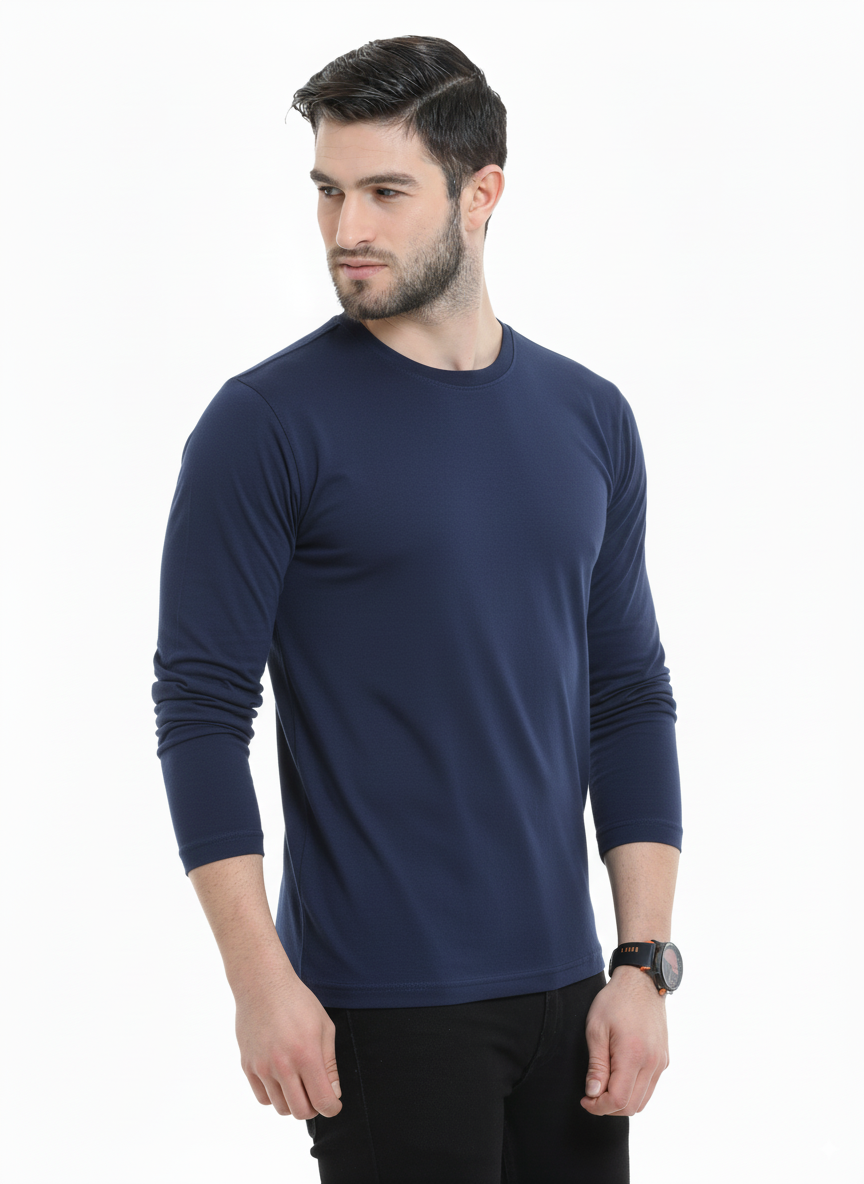 Men’s Cotton Rich Long Sleeve Round Neck T-Shirt - Navy