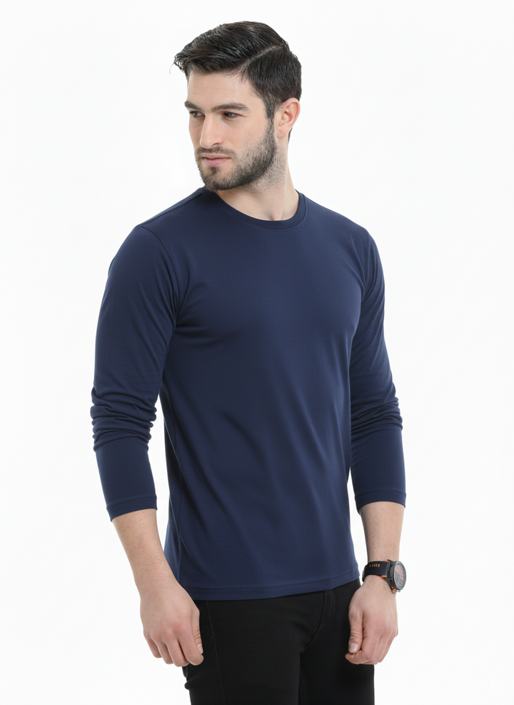 Men’s Cotton Rich Long Sleeve Round Neck T-Shirt - Navy
