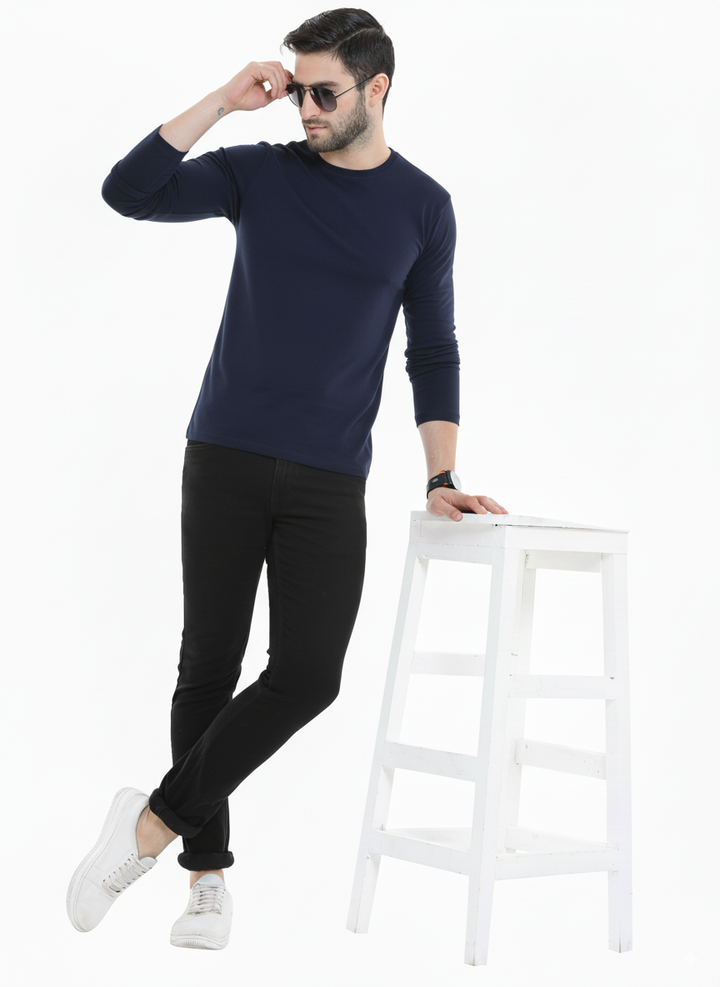 Men’s Cotton Rich Long Sleeve Round Neck T-Shirt - Navy