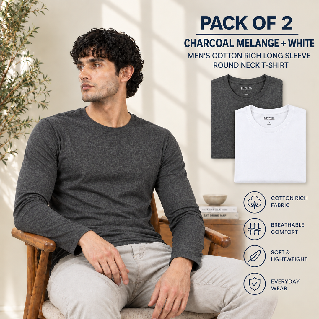 Men’s Cotton Rich Long Sleeve Round Neck T-Shirt 2 Pcs Pack– Soft, Breathable & Comfortable Everyday Wear (White, Charcoal Melange)