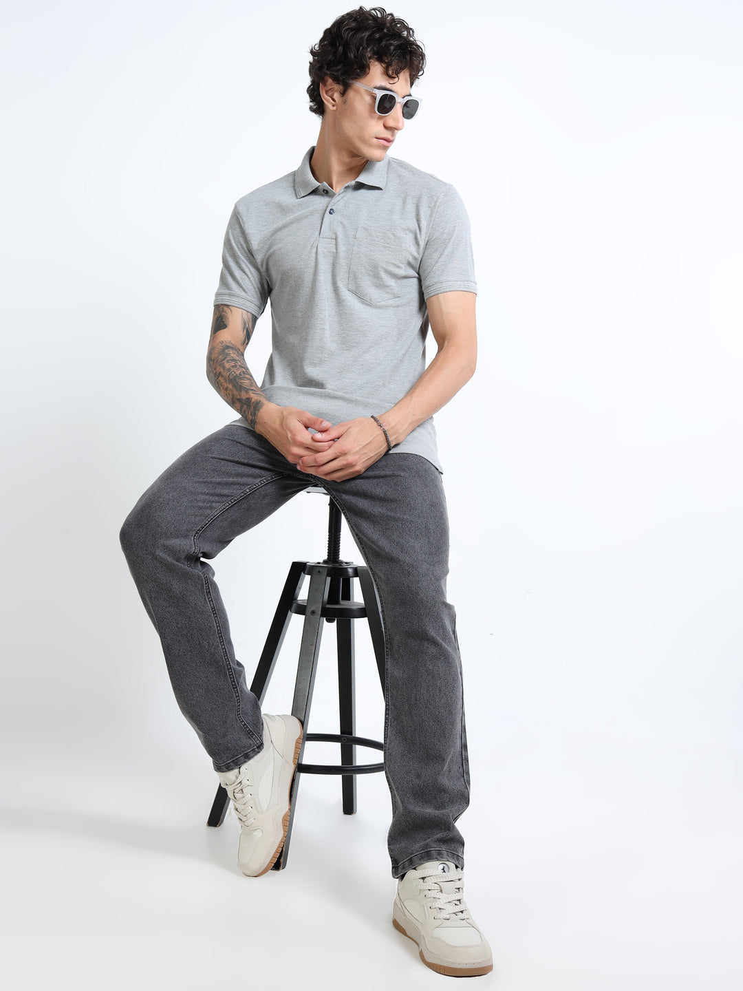 LE 21 Polo T-shirt with Pocket - Grey Melange