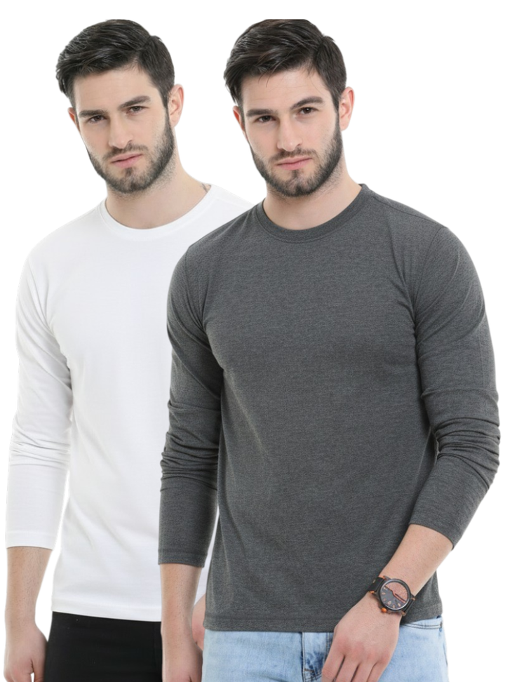 Men’s Cotton Rich Long Sleeve Round Neck T-Shirt 2 Pcs Pack– Soft, Breathable & Comfortable Everyday Wear (White, Charcoal Melange)