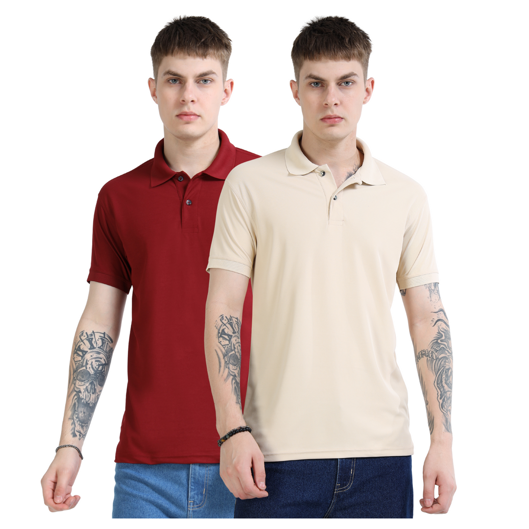 DK 01 Driknit Microfiber Polo Tshirt (Pack of 2)- (French Wine,Beige)