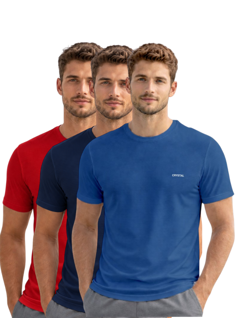 Driknit DK 05 Men’s Dry Knit Gym T-Shirt  3 Pcs Pack– Wrinkle Free, Sweat Absorbent, Quick Dry | Running, Training & Workout Tee -(Turquoise blue,  Navy, Red)