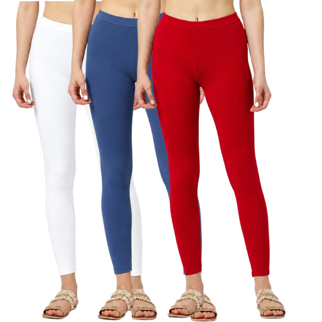 Ankle Length Cotton Elastane  Leggings Pack of 3 (Red, Airforce Navy,White,)