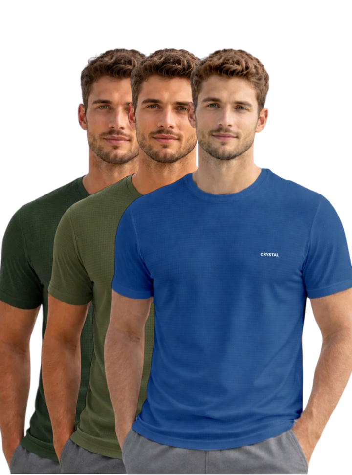 Driknit DK 05 Men’s Dry Knit Gym T-Shirt  3 Pcs Pack– Wrinkle Free, Sweat Absorbent, Quick Dry | Running, Training & Workout Tee -(Turquoise Blue , Olive Green , Pine Green)