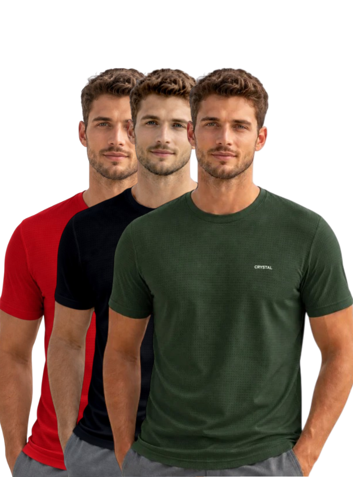 Driknit DK 05 Men’s Dry Knit Gym T-Shirt  3 Pcs Pack– Wrinkle Free, Sweat Absorbent, Quick Dry | Running, Training & Workout Tee -(Pine green, Black, Red)