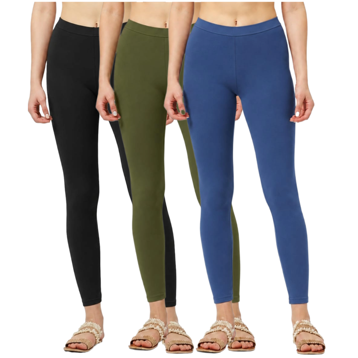 Ankle Length Cotton Elastane  Leggings Pack of 3 (Airforce Navy,Olive,Black)