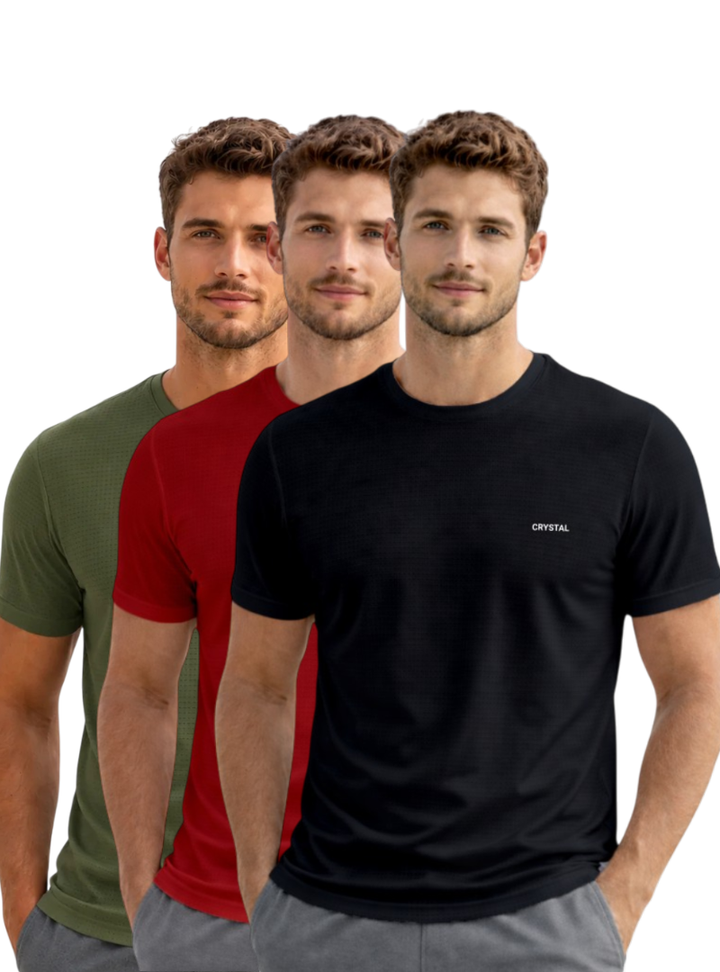 Driknit DK 05 Men’s Dry Knit Gym T-Shirt  3 Pcs Pack– Wrinkle Free, Sweat Absorbent, Quick Dry | Running, Training & Workout Tee -( Black , Maroon , Olive Green)