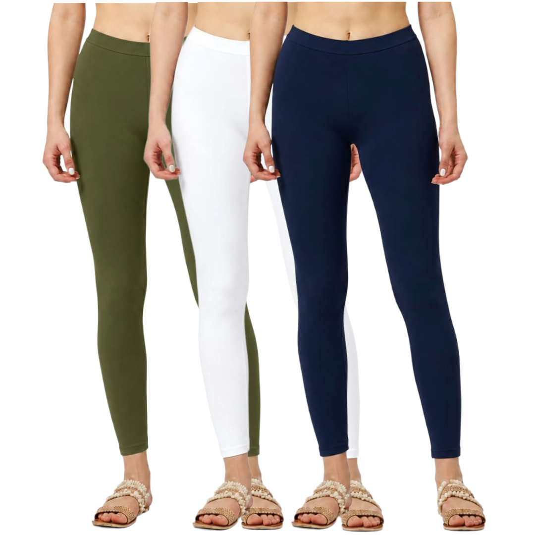 Ankle Length Cotton Elastane  Leggings Pack of 3 (Navy,White,Olive)