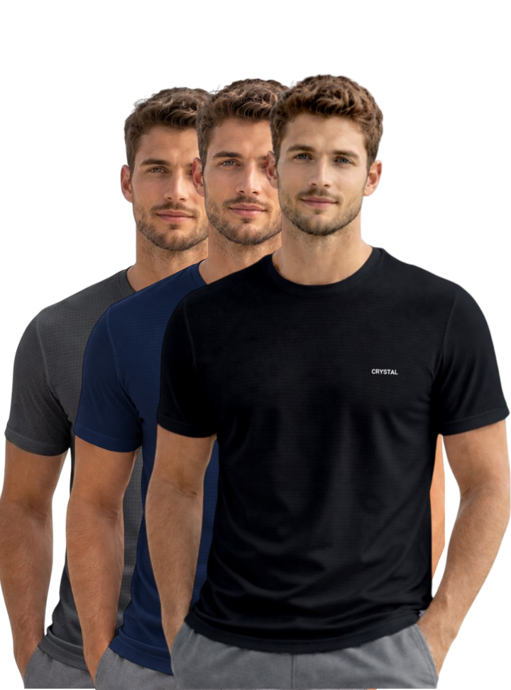 Driknit DK 05 Men’s Dry Knit Gym T-Shirt  3 Pcs Pack– Wrinkle Free, Sweat Absorbent, Quick Dry | Running, Training & Workout Tee -(Black, Navy, Dark Grey)