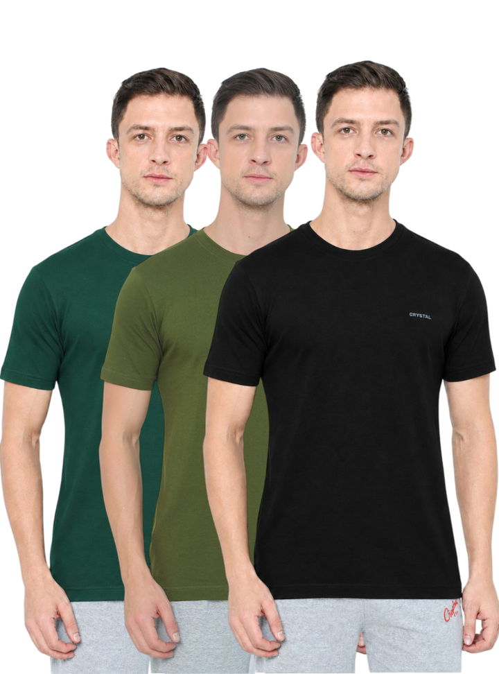 BU 07 Basic T- shirt  (Pack of 3) - (Black, Olive, Pine green)