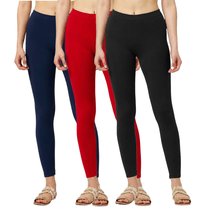 Ankle Length Cotton Elastane  Leggings Pack of 3 (Black, Red, Navy)