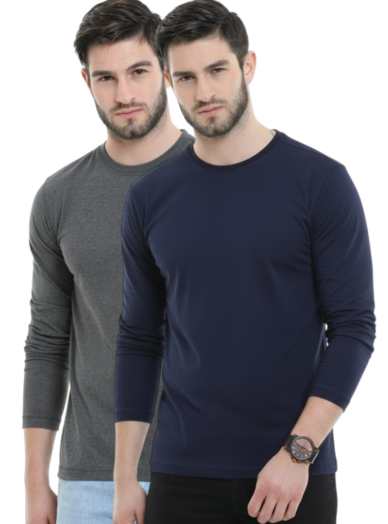 Men’s Cotton Rich Long Sleeve Round Neck T-Shirt 2 Pcs Pack– Soft, Breathable & Comfortable Everyday Wear (Navy, Charcoal Melange)