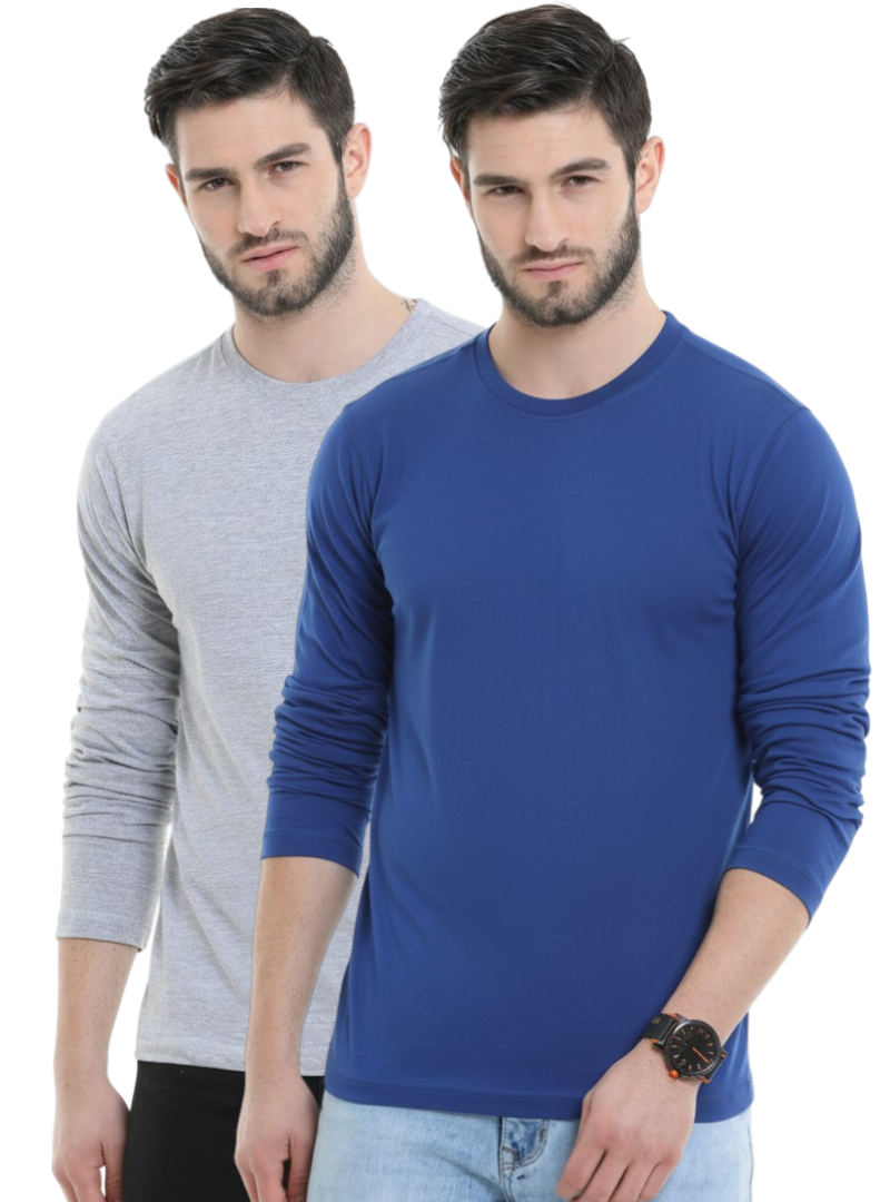 Men’s Cotton Rich Long Sleeve Round Neck T-Shirt 2 Pcs Pack– Soft, Breathable & Comfortable Everyday Wear (Royal blue, Gray Melange)