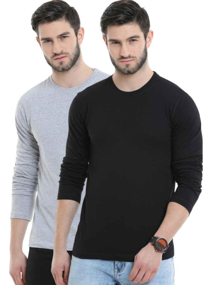Men’s Cotton Rich Long Sleeve Round Neck T-Shirt 2 Pcs Pack– Soft, Breathable & Comfortable Everyday Wear (Black, Gray Melange)