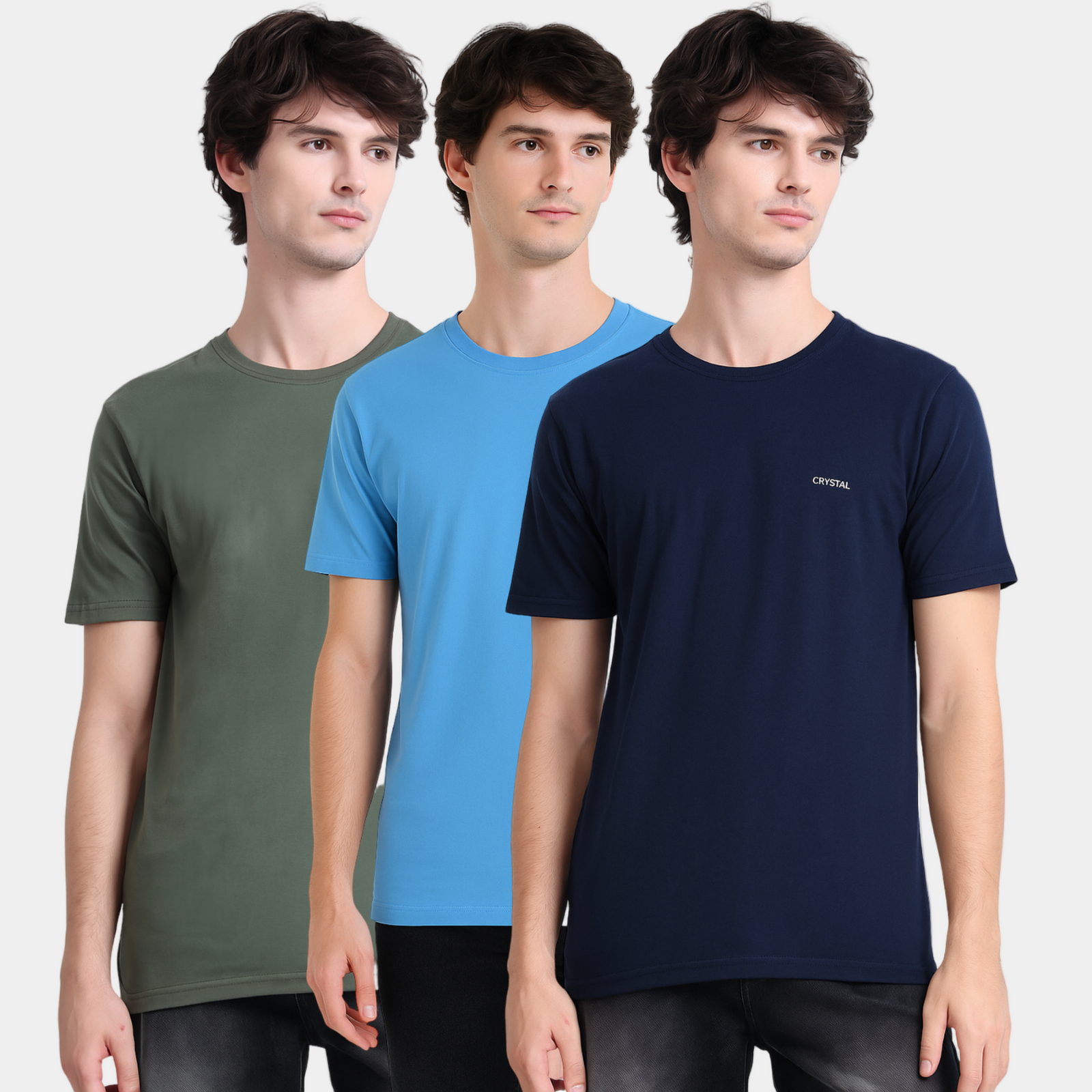 BU 07 Basic T- shirt  (Pack of 3) - (Navy, Olive Green, Light blue)-3