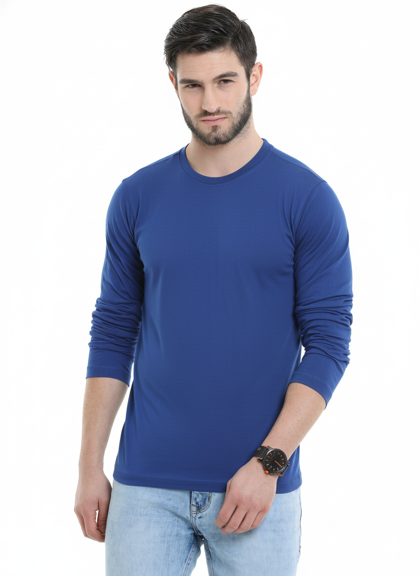 Men’s Cotton Rich Long Sleeve Round Neck T-Shirt 2 Pcs Pack– Soft, Breathable & Comfortable Everyday Wear (Royal blue, Gray Melange)