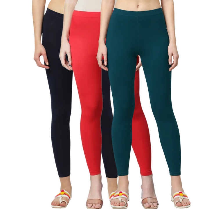 Ankle Length Cotton Elastane  Leggings Pack of 3 (Red, Navy, Airforce blue)