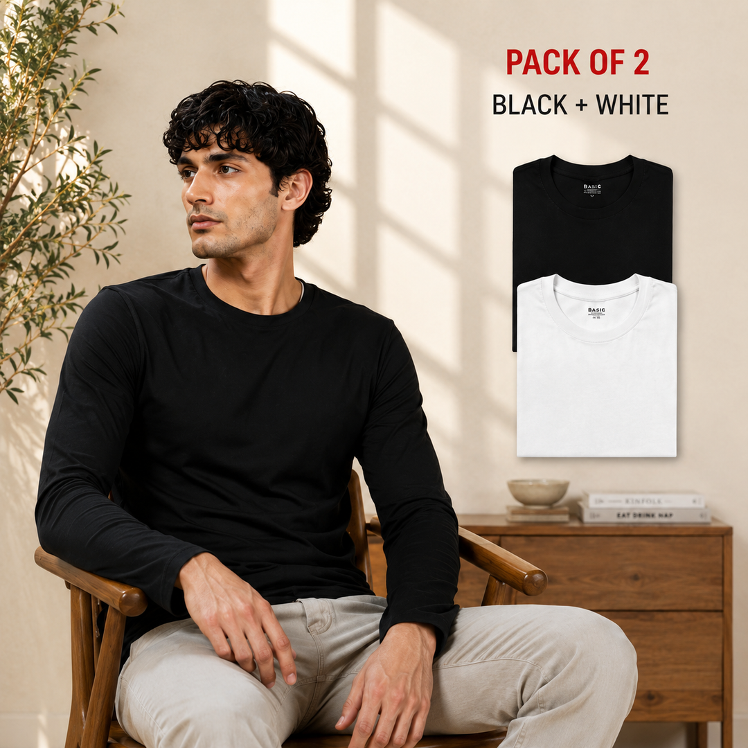 Men’s Cotton Rich Long Sleeve Round Neck T-Shirt 2 Pcs Pack– Soft, Breathable & Comfortable Everyday Wear (White,Black)