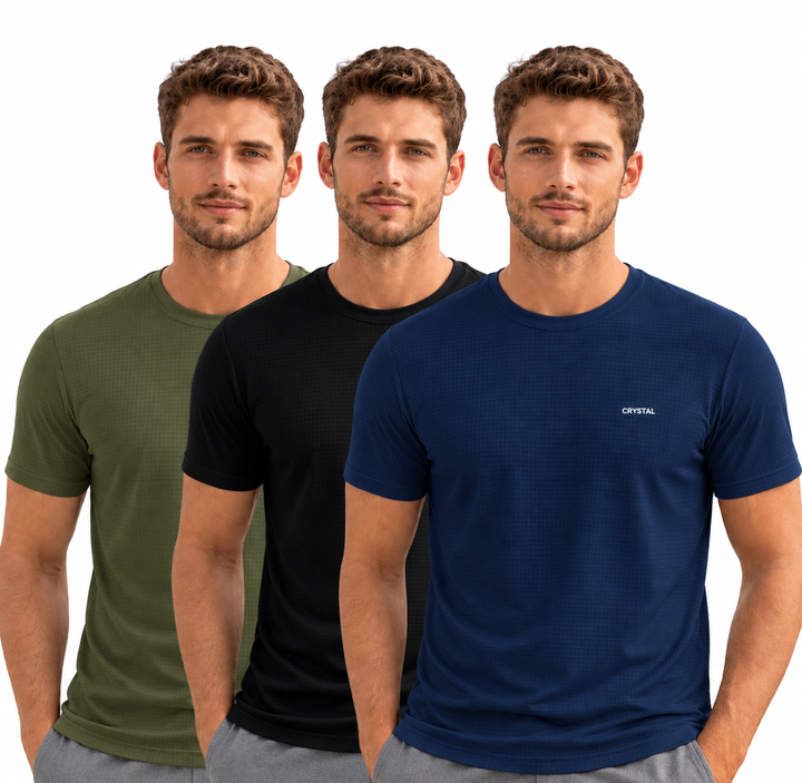 Driknit DK 05 Men’s Dry Knit Gym T-Shirt  3 Pcs Pack– Wrinkle Free, Sweat Absorbent, Quick Dry | Running, Training & Workout Tee -( Navy Blue, Black, Olive Green)
