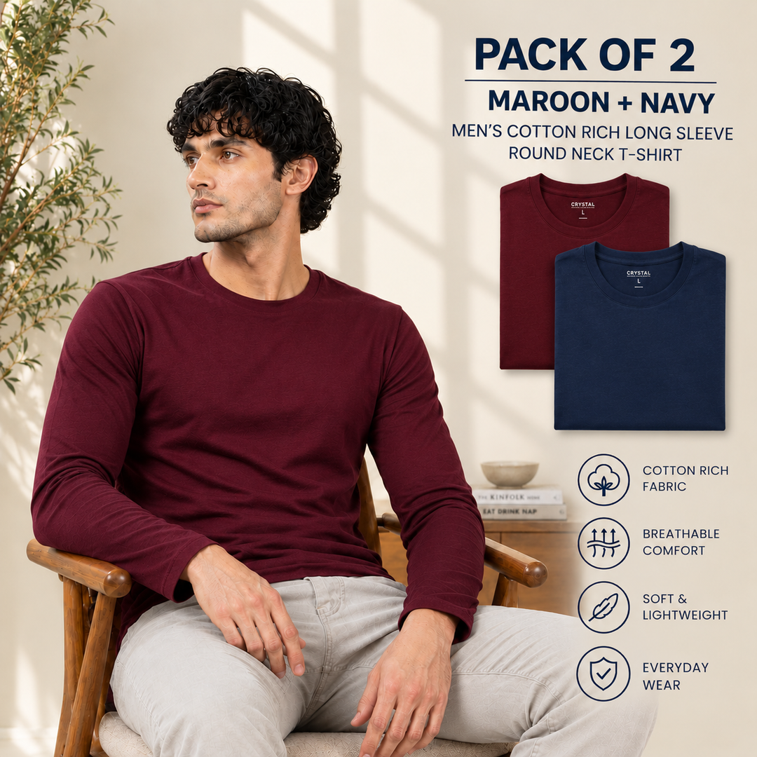 Men’s Cotton Rich Long Sleeve Round Neck T-Shirt 2 Pcs Pack– Soft, Breathable & Comfortable Everyday Wear (Maroon,Navy)