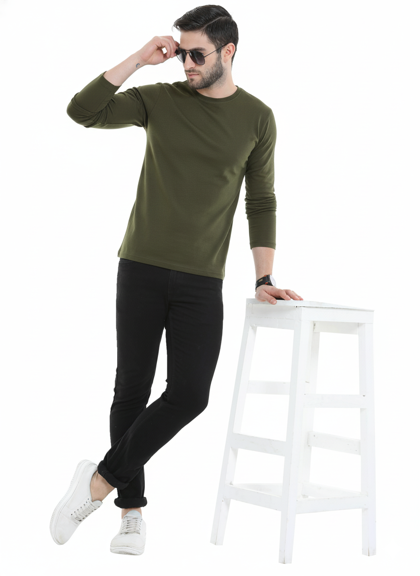 Men’s Cotton Rich Long Sleeve Round Neck T-Shirt - Olive