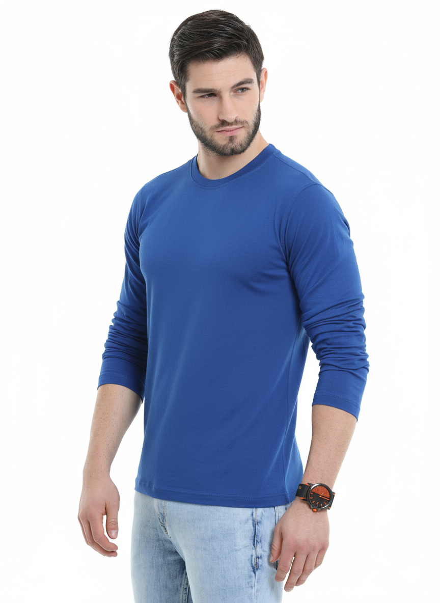 Men’s Cotton Rich Long Sleeve Round Neck T-Shirt - Royal Blue