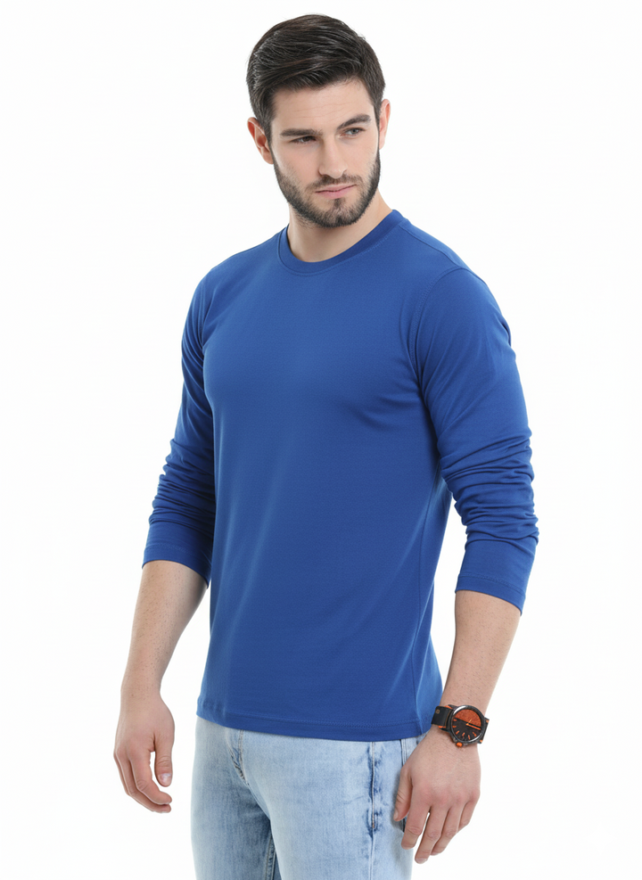 Men’s Cotton Rich Long Sleeve Round Neck T-Shirt - Royal Blue