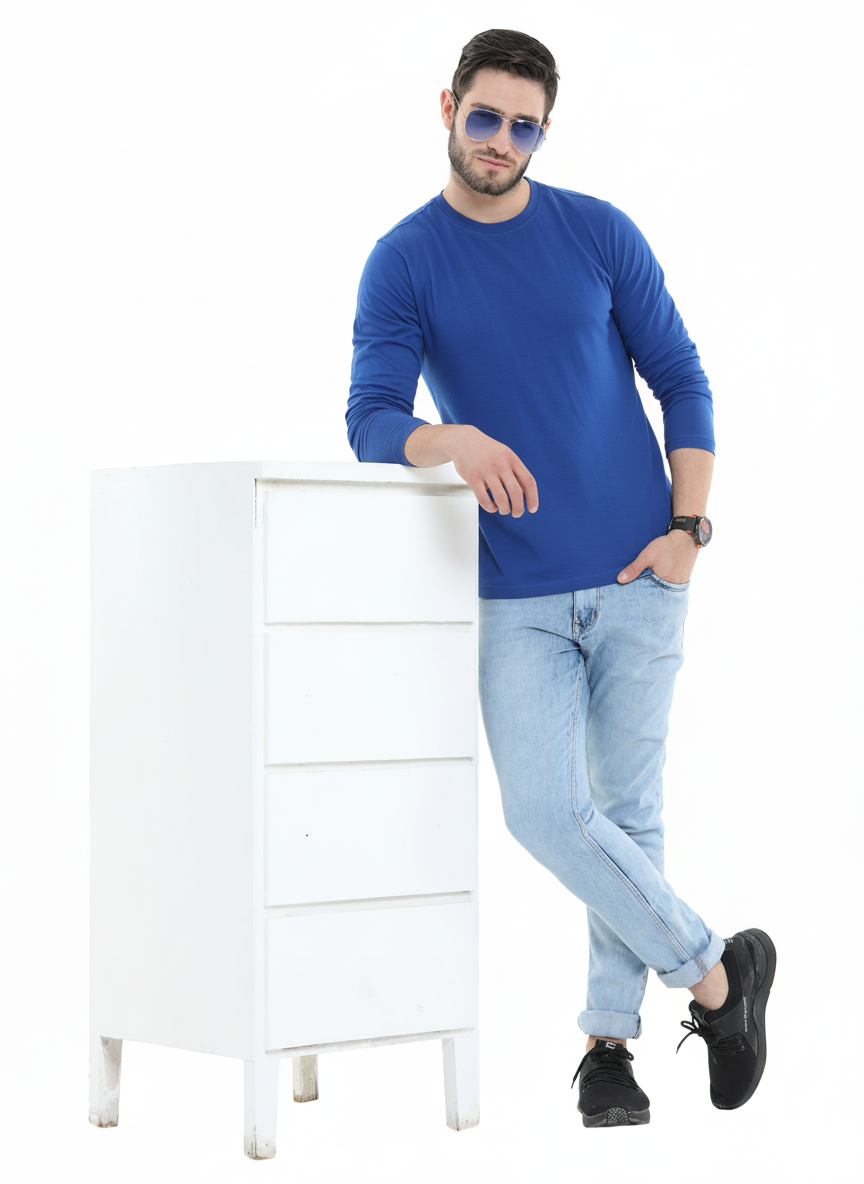 Men’s Cotton Rich Long Sleeve Round Neck T-Shirt - Royal Blue