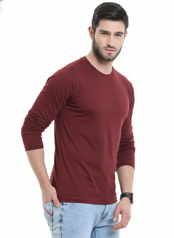 Men’s Cotton Rich Long Sleeve Round Neck T-Shirt - Red Wine