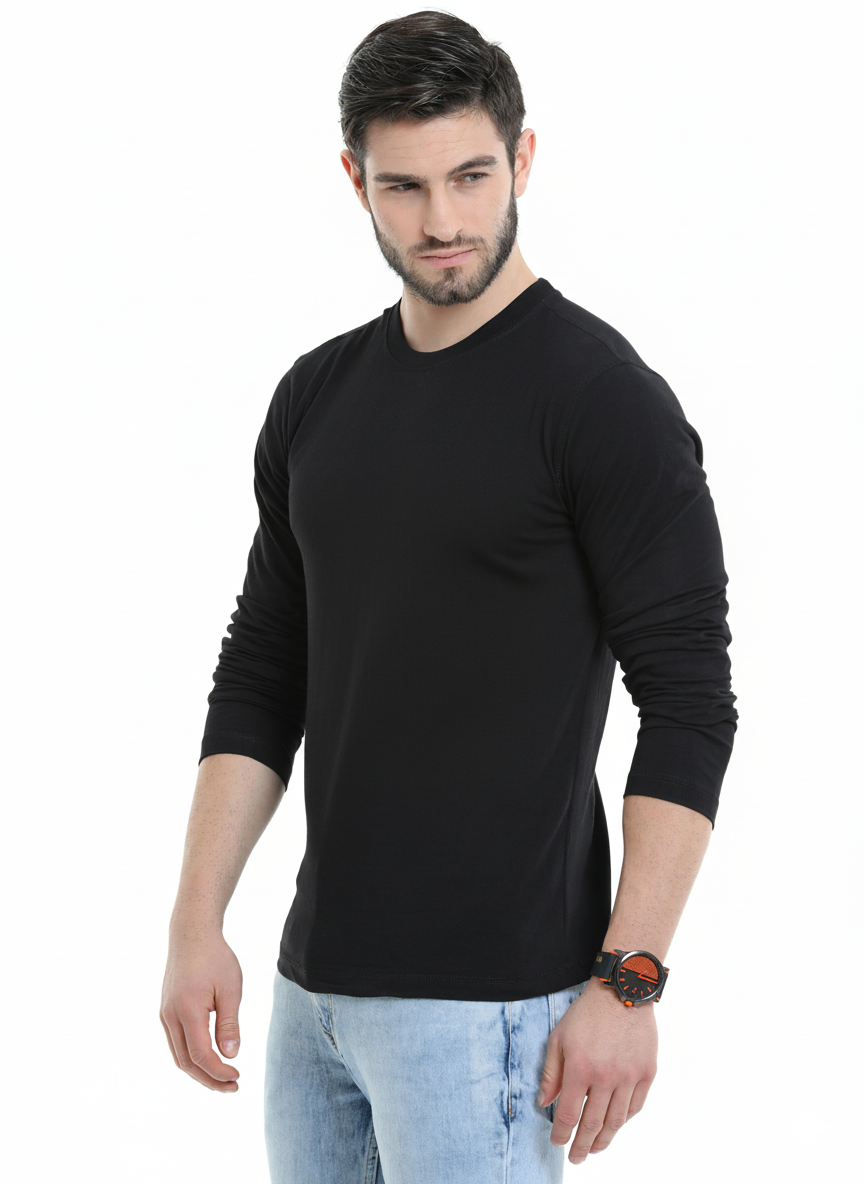 Men’s Cotton Rich Long Sleeve Round Neck T-Shirt - Black