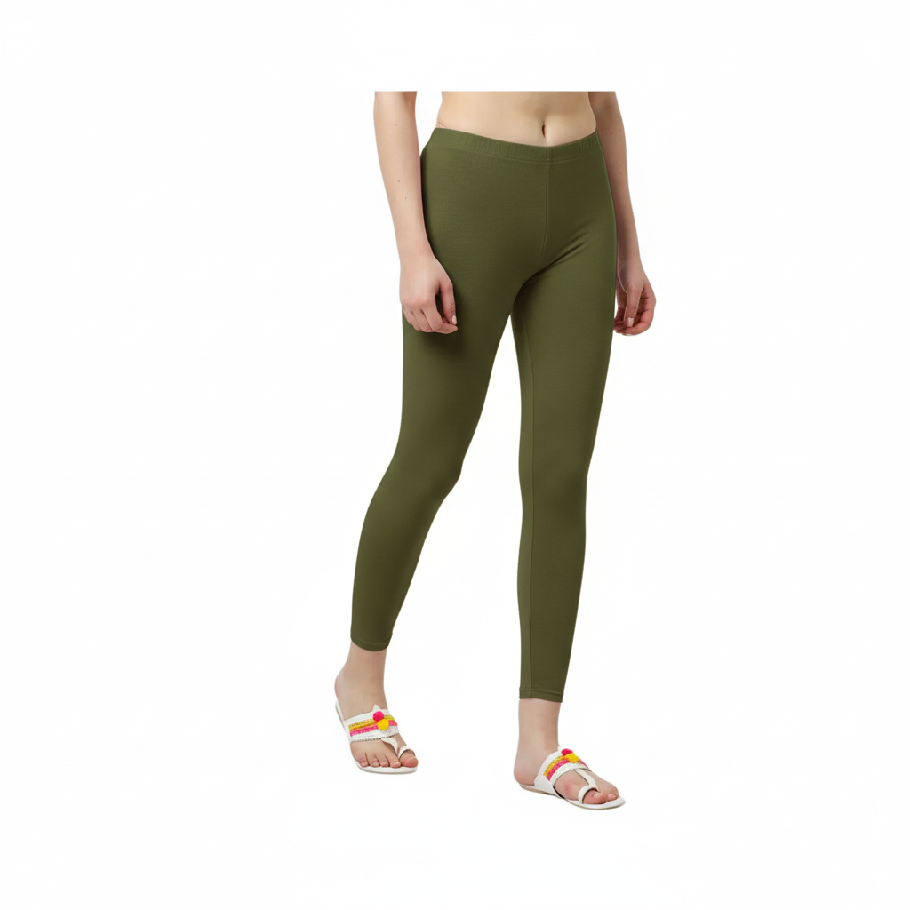Ankle Length Cotton Elastane  Leggings - Olive Green