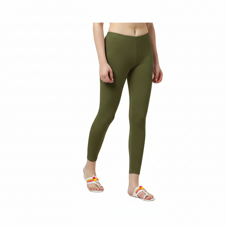 Ankle Length Cotton Elastane  Leggings - Olive Green