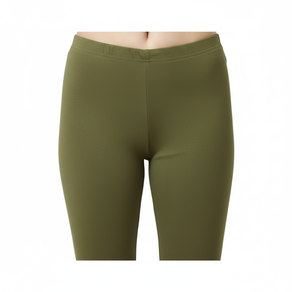 Ankle Length Cotton Elastane  Leggings - Olive Green