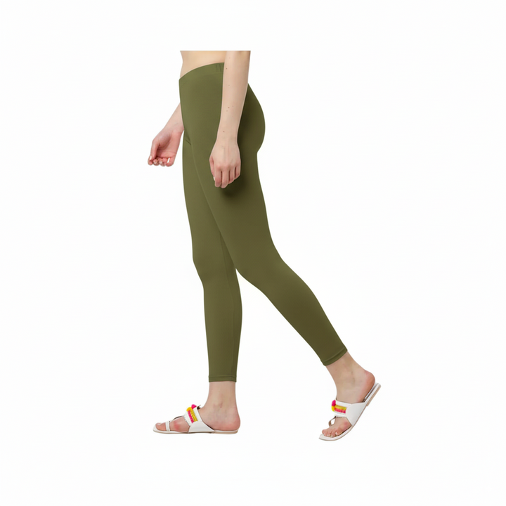 Ankle Length Cotton Elastane  Leggings - Olive Green