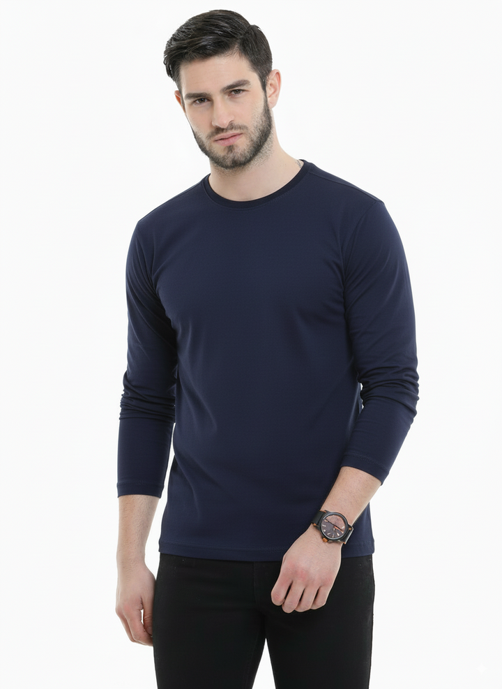 Men’s Cotton Rich Long Sleeve Round Neck T-Shirt - Navy