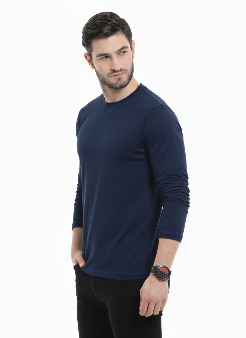 Men’s Cotton Rich Long Sleeve Round Neck T-Shirt - Navy