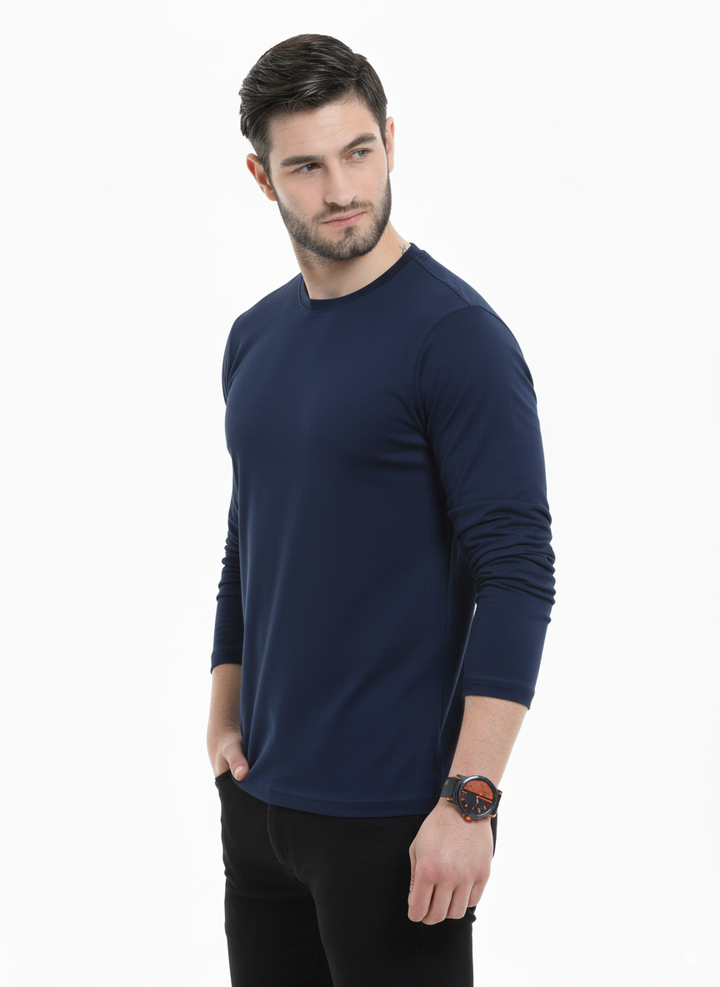 Men’s Cotton Rich Long Sleeve Round Neck T-Shirt - Navy
