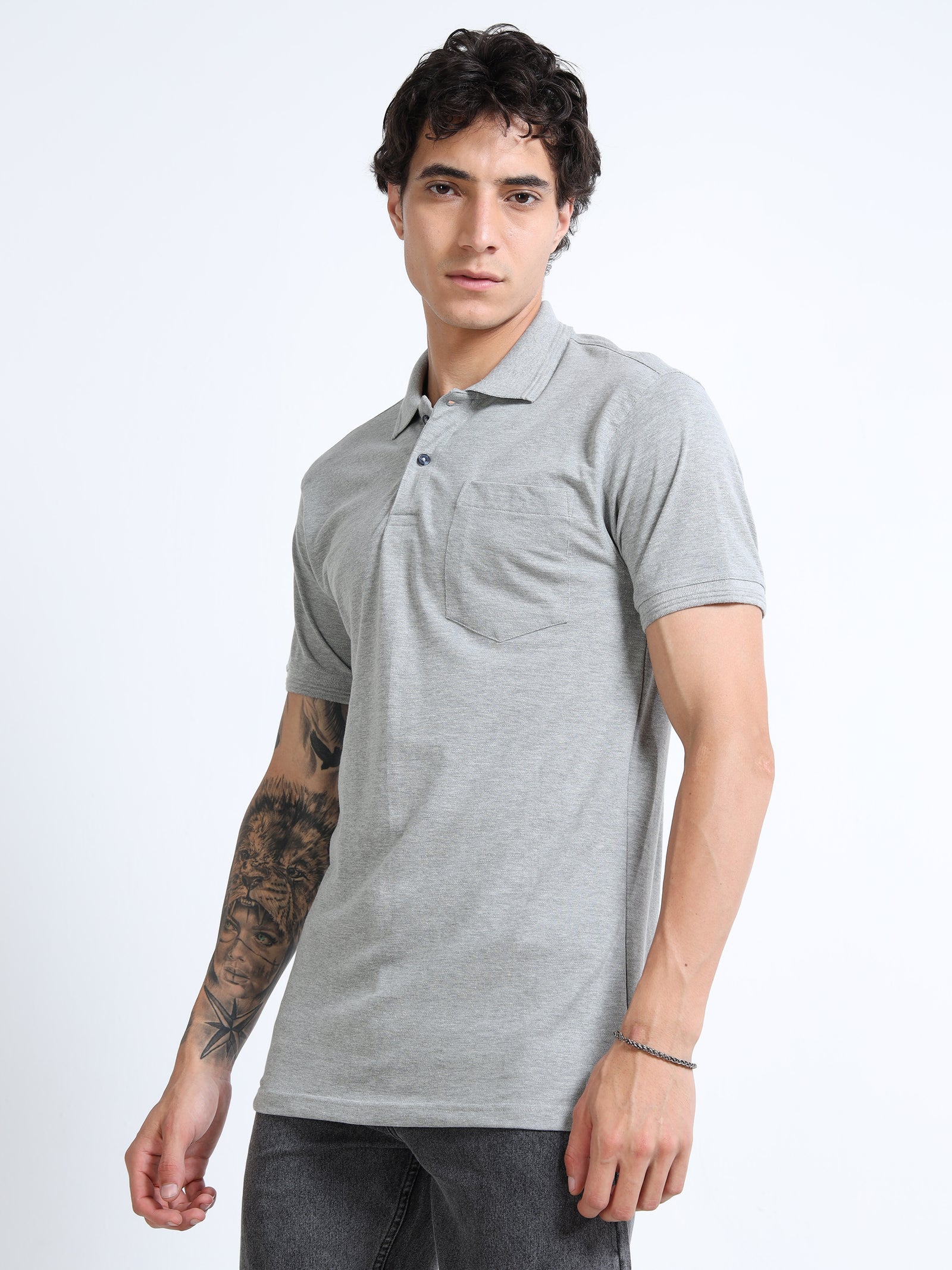 LE 21 Polo T-shirt with Pocket - Grey Melange-1