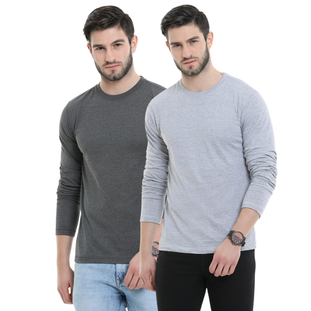 Men’s Cotton Rich Long Sleeve Round Neck T-Shirt 2 Pcs Pack– Soft, Breathable & Comfortable Everyday Wear