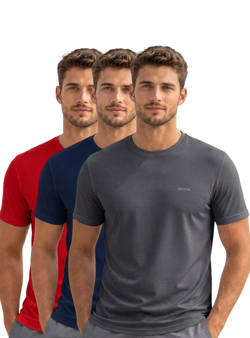Driknit DK 05 Men’s Dry Knit Gym T-Shirt  3 Pcs Pack– Wrinkle Free, Sweat Absorbent, Quick Dry | Running, Training & Workout Tee -(Dark grey, Navy, Red)