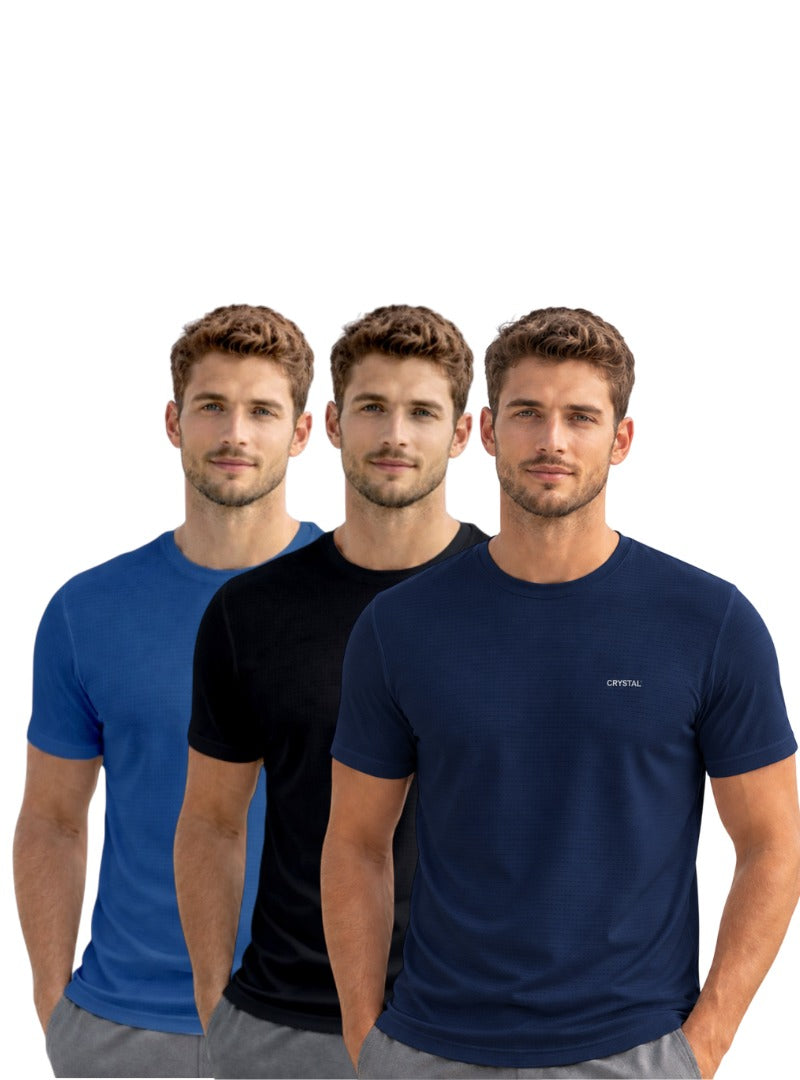 Driknit DK 05 Men’s Dry Knit Gym T-Shirt  3 Pcs Pack– Wrinkle Free, Sweat Absorbent, Quick Dry | Running, Training & Workout Tee -( Navy Blue, Black, Turquoise Blue)