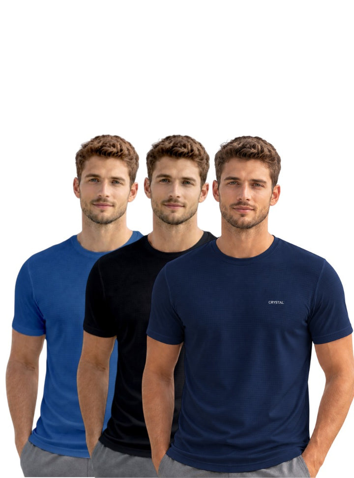 Driknit DK 05 Men’s Dry Knit Gym T-Shirt  3 Pcs Pack– Wrinkle Free, Sweat Absorbent, Quick Dry | Running, Training & Workout Tee -( Navy Blue, Black, Turquoise Blue)