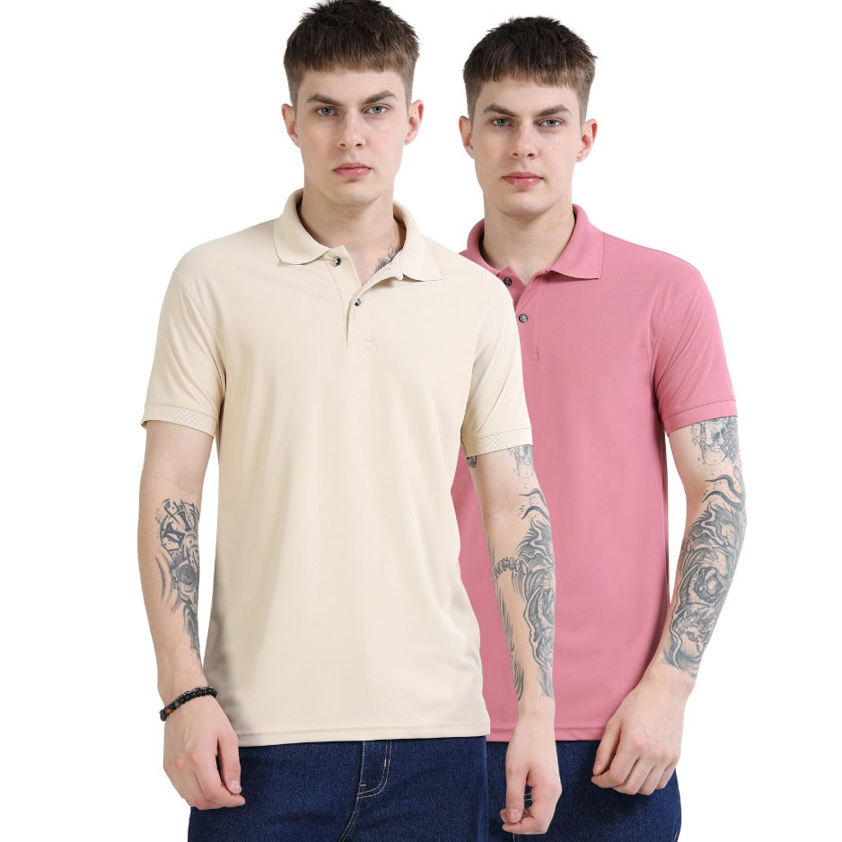 DK 01 Driknit Microfiber Polo Tshirt (Pack of 2)- (Heather Rose, Beige)